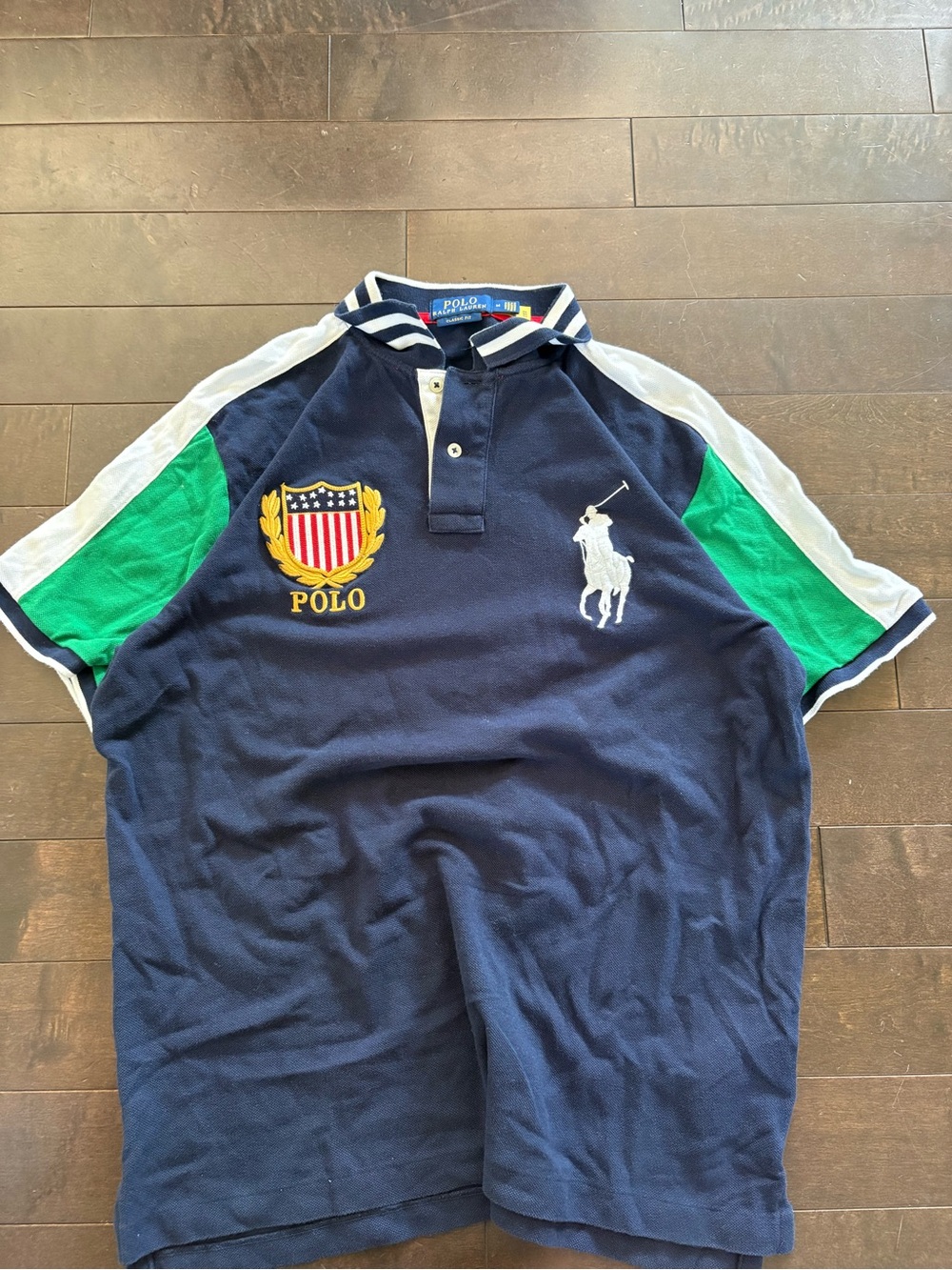 Ralph Lauren Navy Polo with Green & White Sleeve Panels big pony